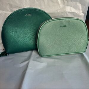 La Mer set of 2 cosmetic bags Green Zippered, Tassle, Toiletry bag, makeup bag